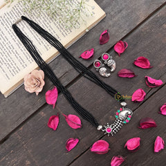 Vriksham Antique Manga Silver Oxidized Pendant With Black Beaded Magalsutra-S1000