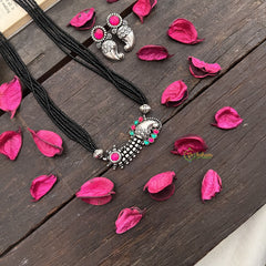 Vriksham Antique Manga Silver Oxidized Pendant With Black Beaded Magalsutra-S1000