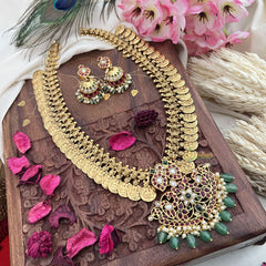 Vriksham Dual Maanga Kemp Stone Kaasumala-Lakshmi Coin Neckpiece-Pastel Green Bead-G18084