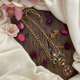 Vriksham 2 Layer Lotus Pendant Chain-Green Bead-Red-G15658