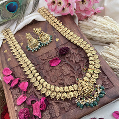 Vriksham Lakshmi Pendant Kaasumala Haram-Lakshmi Coin Neckpiece-Pastel Green Bead-G18052