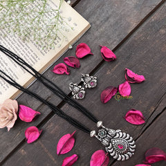 Vriksham Oxidized Silver Crescent Moon With Black Beaded Magalsutra-S993