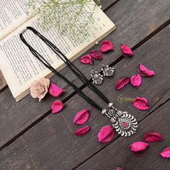 Vriksham Oxidized Silver Crescent Moon With Black Beaded Magalsutra-S993