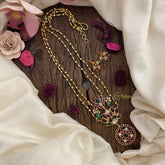 Vriksham 2 Layer Lotus Pendant Chain-Green Bead-Red Green-G15659