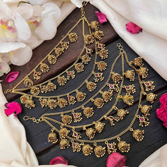 Vriksham Traditional Bahubali 3 Layered Gold Bead Jhumka Drop Style Maatil-Red-G21985