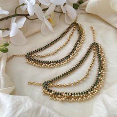 Premium Green AD Stone Layered Pearl Maatil-Ear Chain-G14232