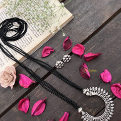 Vriksham Oxidized Silver Crescent & Floral Detailing With Black Beaded Magalsutra-S994