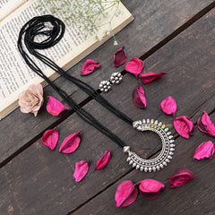Vriksham Oxidized Silver Crescent & Floral Detailing With Black Beaded Magalsutra-S994