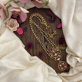 Vriksham 2 Layer Lotus Pendant Chain-Golden Bead-Red Green-G15652