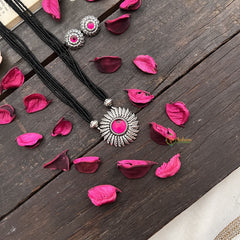 Vriksham German Silver Sun Flower Pendant Black Beaded Magalsutra-S991