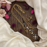 Vriksham 2 Layer Lotus Pendant Chain-Golden Bead-Blue-G15657