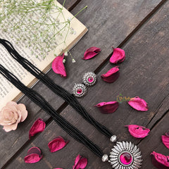 Vriksham German Silver Sun Flower Pendant Black Beaded Magalsutra-S991