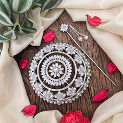 Vriksham Premium Silver Pearls Floral Design Bun Ornament CZ Stone Hair Bun Cage Accessory-BH1261