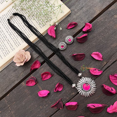 Vriksham German Silver Sun Flower Pendant Black Beaded Magalsutra-S991