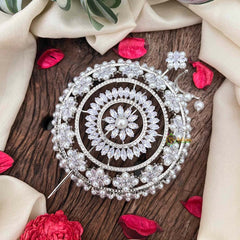 Vriksham Premium Silver Pearls Floral Design Bun Ornament CZ Stone Hair Bun Cage Accessory-BH1261