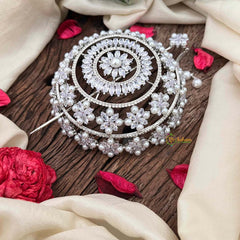 Vriksham Premium Silver Pearls Floral Design Bun Ornament CZ Stone Hair Bun Cage Accessory-BH1261