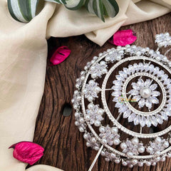 Vriksham Premium Silver Pearls Floral Design Bun Ornament CZ Stone Hair Bun Cage Accessory-BH1261