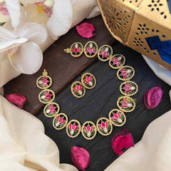 Vriksham Gold-Tone Pink Lotus Enamel Short Neckpiece-White Red & Green-G21986