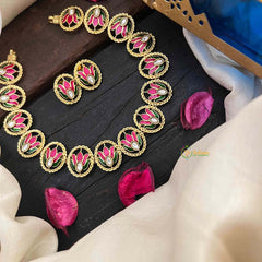 Vriksham Gold-Tone Pink Lotus Enamel Short Neckpiece-White Red & Green-G21986