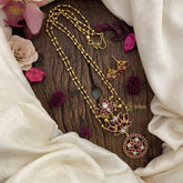 Vriksham 2 Layer Lotus Pendant Chain-Golden Bead-Red-G15653