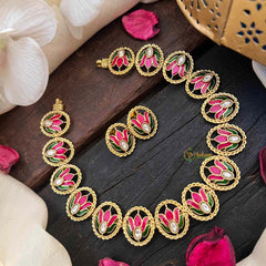 Vriksham Gold-Tone Pink Lotus Enamel Short Neckpiece-White Red & Green-G21986