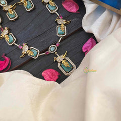 Vriksham Antique Gold-Finish Victorian Parrot & Emerald-Green Stone Short Neckpiece-VV2020