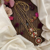 Vriksham 2 Layer Coral Stone Lotus Pendant Chain-Golden Bead-G15655