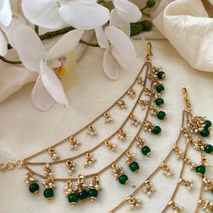 Trendy 3 Layer Pearl Maatil-Ear Chain-Green Bead-G14241