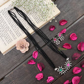 Vriksham Traditional Nath Style Silver Oxidized Pendant With Black Beaded Magalsutra-S1005