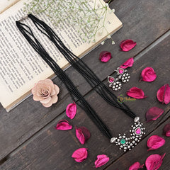 Vriksham Traditional Nath Style Silver Oxidized Pendant With Black Beaded Magalsutra-S1005