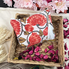 Vriksham Floral Cotton Pouch, Purse for Women with Zipper-White-G19190