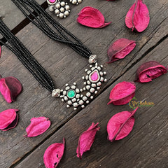 Vriksham Traditional Nath Style Silver Oxidized Pendant With Black Beaded Magalsutra-S1005