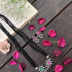 Vriksham Traditional Nath Style Silver Oxidized Pendant With Black Beaded Magalsutra-S1005