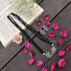 Vriksham Traditional Nath Style Silver Oxidized Pendant With Black Beaded Magalsutra-S1005