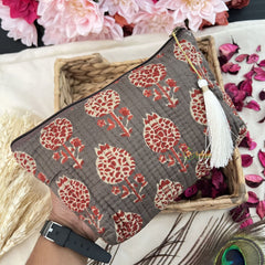 Vriksham Designer Cotton Pouch, Purse for Women with Zipper-Grayish Brown-G19041