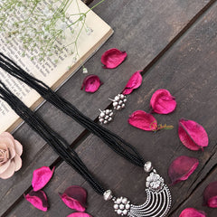 Vriksham Ornate Silver Oxidized Pendant With Black Beaded Magalsutra-S999