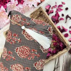 Vriksham Designer Cotton Pouch, Purse for Women with Zipper-Grayish Brown-G19041