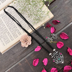 Vriksham Vintage Style Silver Oxidized Pendant With Black Beaded Magalsutra-S998