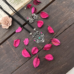 Vriksham Vintage Style Silver Oxidized Pendant With Black Beaded Magalsutra-S998