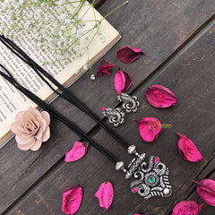 Vriksham Vintage Style Silver Oxidized Pendant With Black Beaded Magalsutra-S998