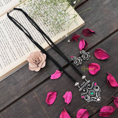 Vriksham Vintage Style Silver Oxidized Pendant With Black Beaded Magalsutra-S998