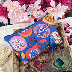Vriksham Cotton Pouch, Purse for Women with Zipper-Fruit Print-Blue-G19042