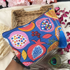 Vriksham Cotton Pouch, Purse for Women with Zipper-Fruit Print-Blue-G19042