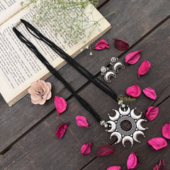 Vriksham Designer Half Moon Circle Silver Oxidized Pendant With Black Beaded Magalsutra-S1001