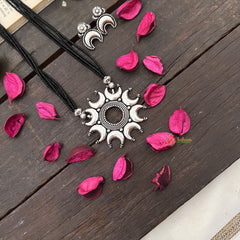 Vriksham Designer Half Moon Circle Silver Oxidized Pendant With Black Beaded Magalsutra-S1001