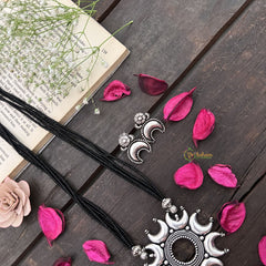 Vriksham Designer Half Moon Circle Silver Oxidized Pendant With Black Beaded Magalsutra-S1001