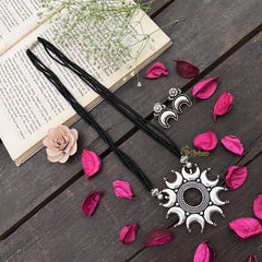 Vriksham Designer Half Moon Circle Silver Oxidized Pendant With Black Beaded Magalsutra-S1001