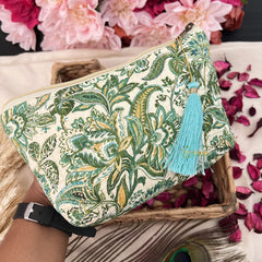 Vriksham Off White Floral with Leaf Cotton Pouch, Purse for Women with Zipper-G19046