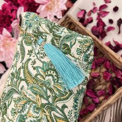 Vriksham Off White Floral with Leaf Cotton Pouch, Purse for Women with Zipper-G19046