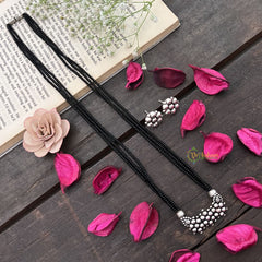 Vriksham Elegant 3 Floral Silver Oxidized Pendant With Black Beaded Magalsutra-S1002